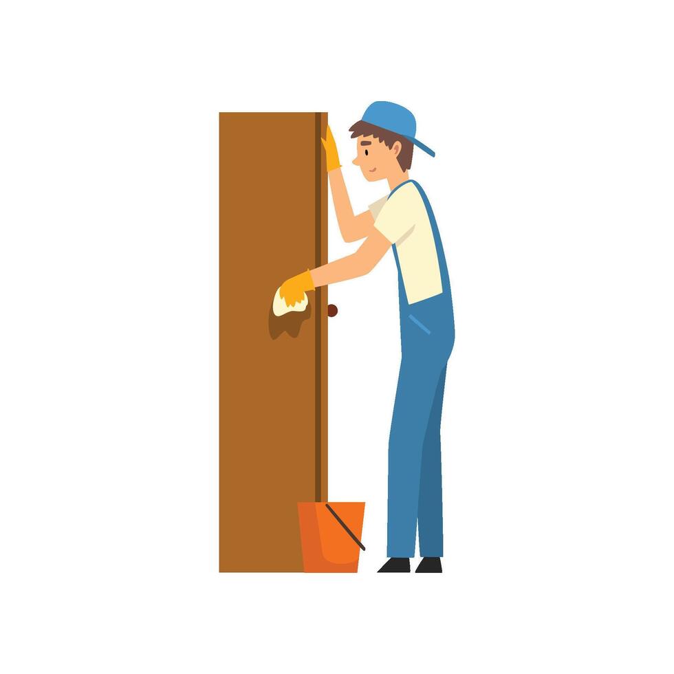 Cleaning Man Wiping Dust from Locker, Male Worker Character Dressed in Uniform and Rubber Gloves, Cleaning Service Illustration vector