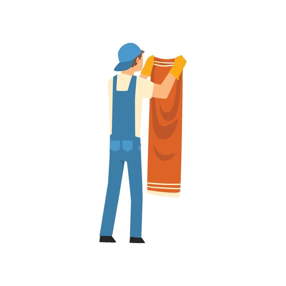 Cleaning Man Hanging Clean Wet Clothes, Male Worker Character Dressed in Uniform and Rubber Gloves, Cleaning Service Illustration vector