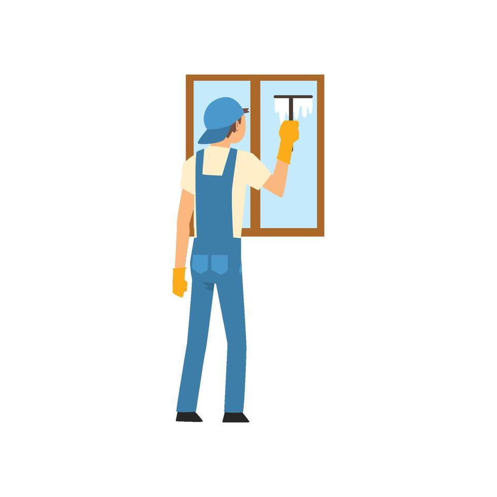 Cleaning Man Washing Window Using Squeegee, Male Worker Character Dressed in Uniform and and Rubber Gloves, Cleaning Service Illustration vector