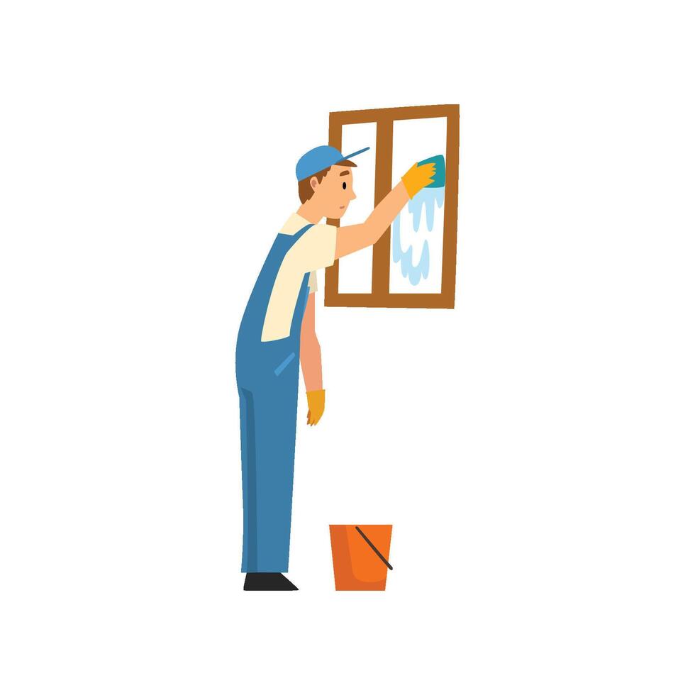 Cleaning Man Washing Window, Male Worker Character Dressed in Uniform and Rubber Gloves, Cleaning Service Illustration vector