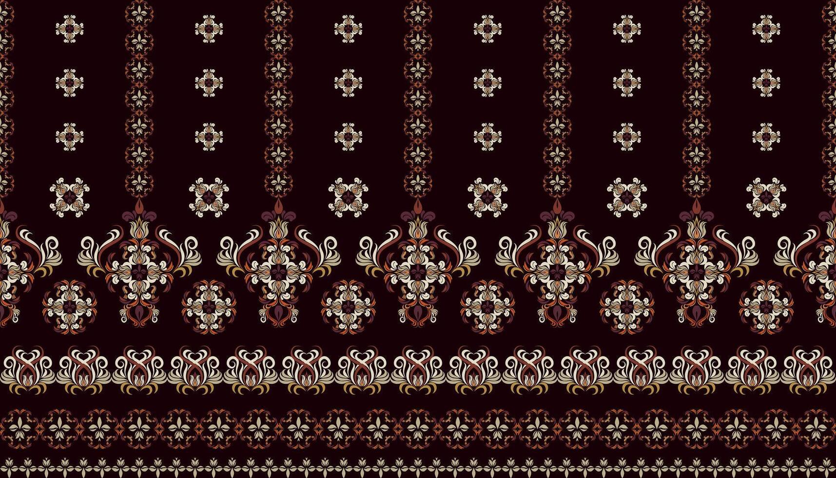 Motifs African boho paisley Floral Ikat pattern embroidery border. Ethnic ikat floral Ethnic Indian Pattern Ikat pattern Ethnic Pattern.Border on black background vector