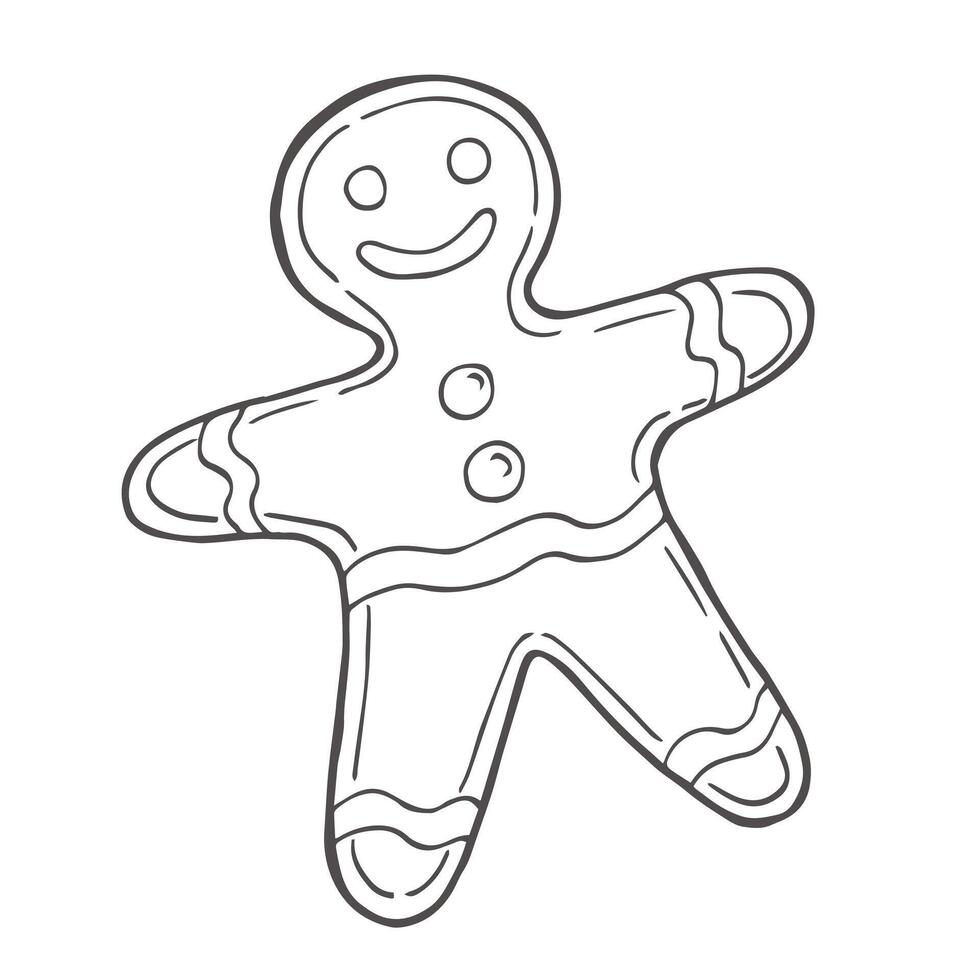 Gingerbread man cookies hand drawn illustration with black lines, isolated on white background. Doodle Ginger bread coloring book page. Decorative element for Christmas, New Year design. vector