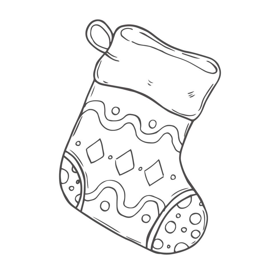 Collection of black and white Christmas stockings with ornament socks for gifts and snowflakes in doodle hand draw style. vector