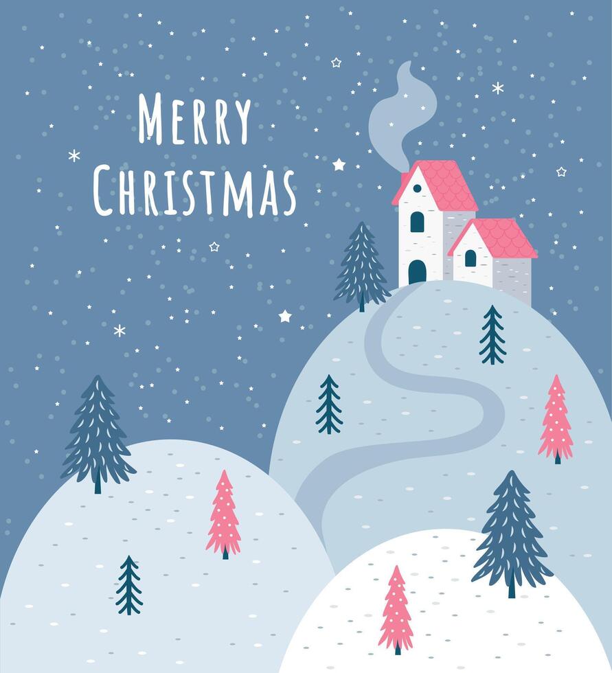 Christmas and New Year card with winter mountains a house and Christmas trees on a blue background vector