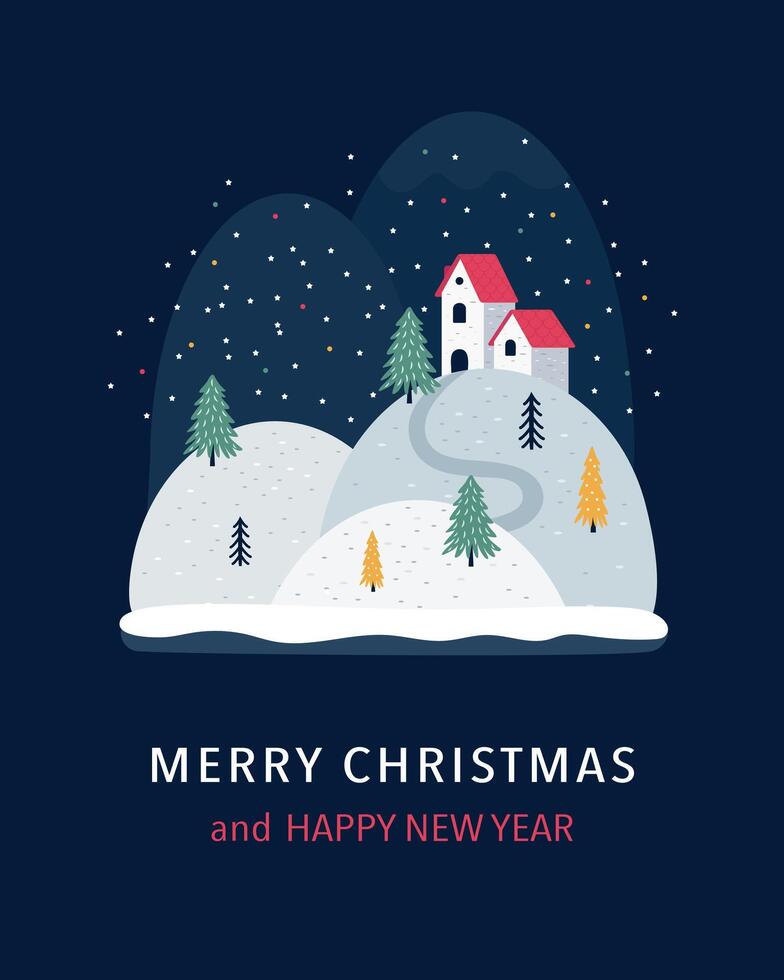 Christmas and New Year card with winter mountains a house Christmas trees and snowflakes vector