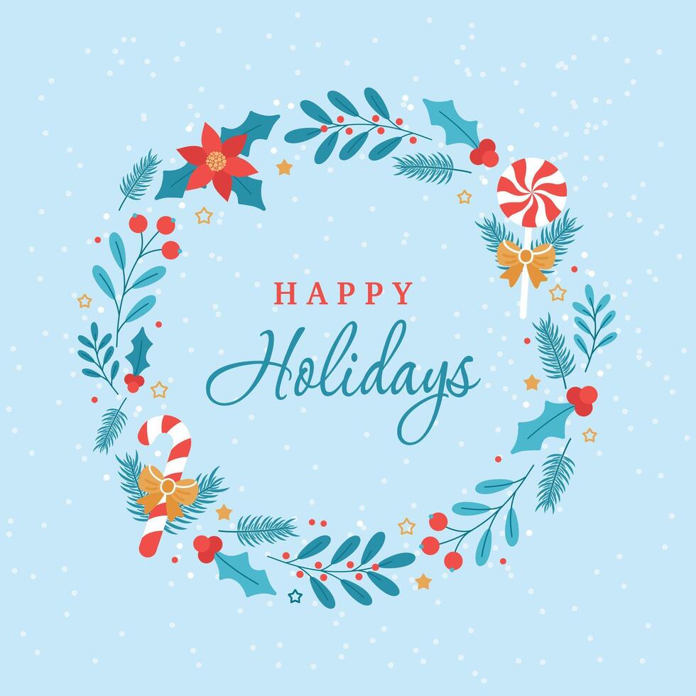 Christmas and New Year card with a wreath of branches and flowers and the text Happy Holidays vector