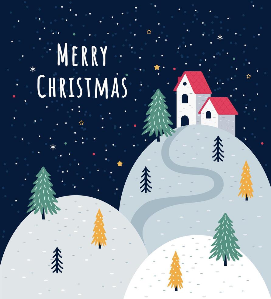 Christmas and New Year card with winter mountains a house and Christmas trees vector