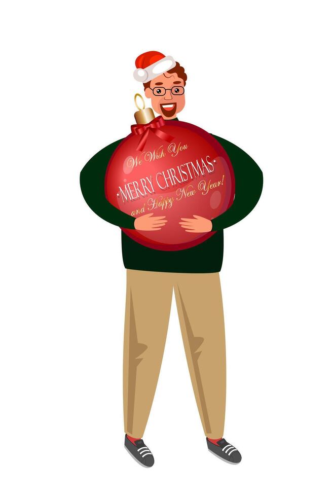 man hold red Christmas ball. Great character for family celebration, new year party concept. vector
