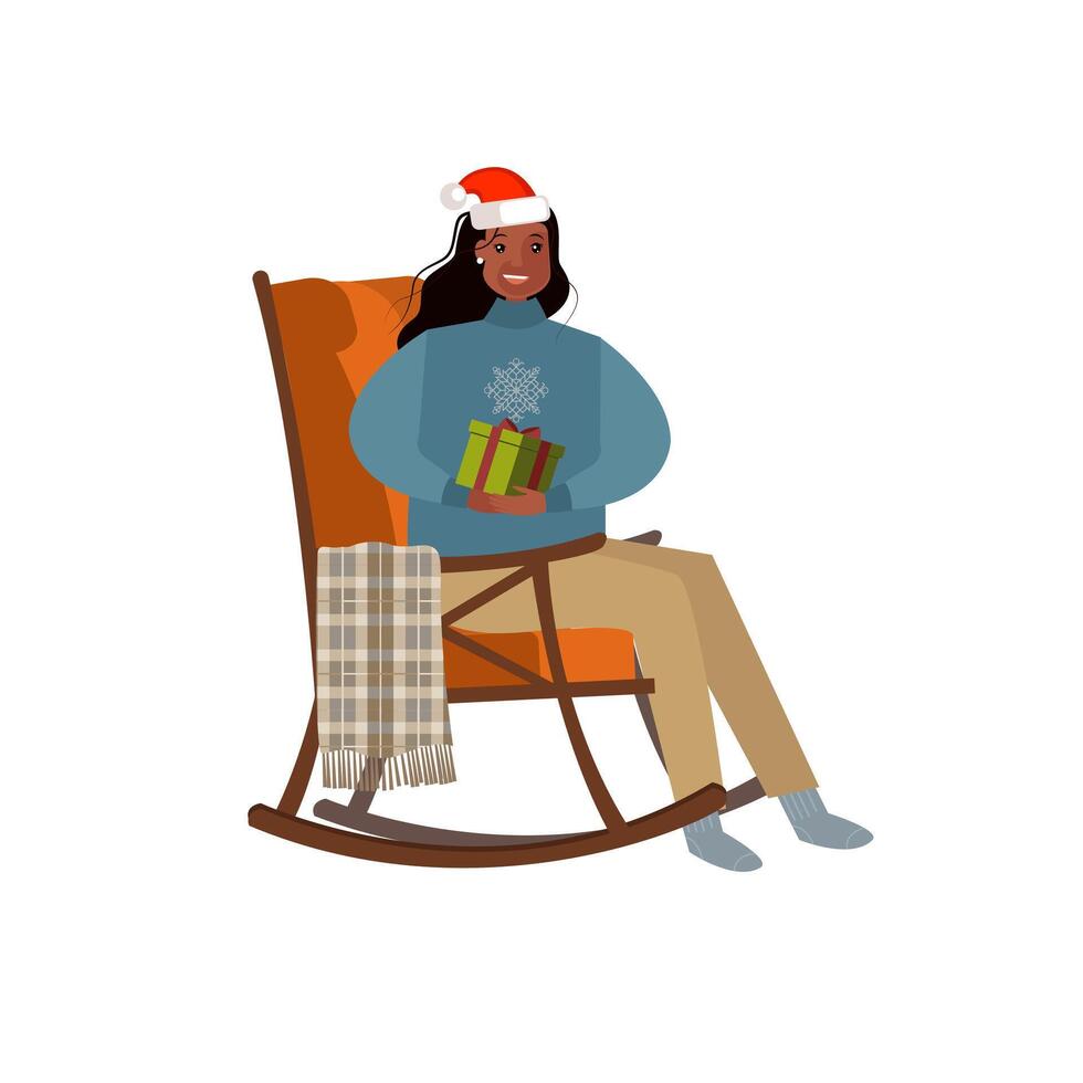 Happy women in Santa hat sits in the chair with present. Christmas element for your design. vector
