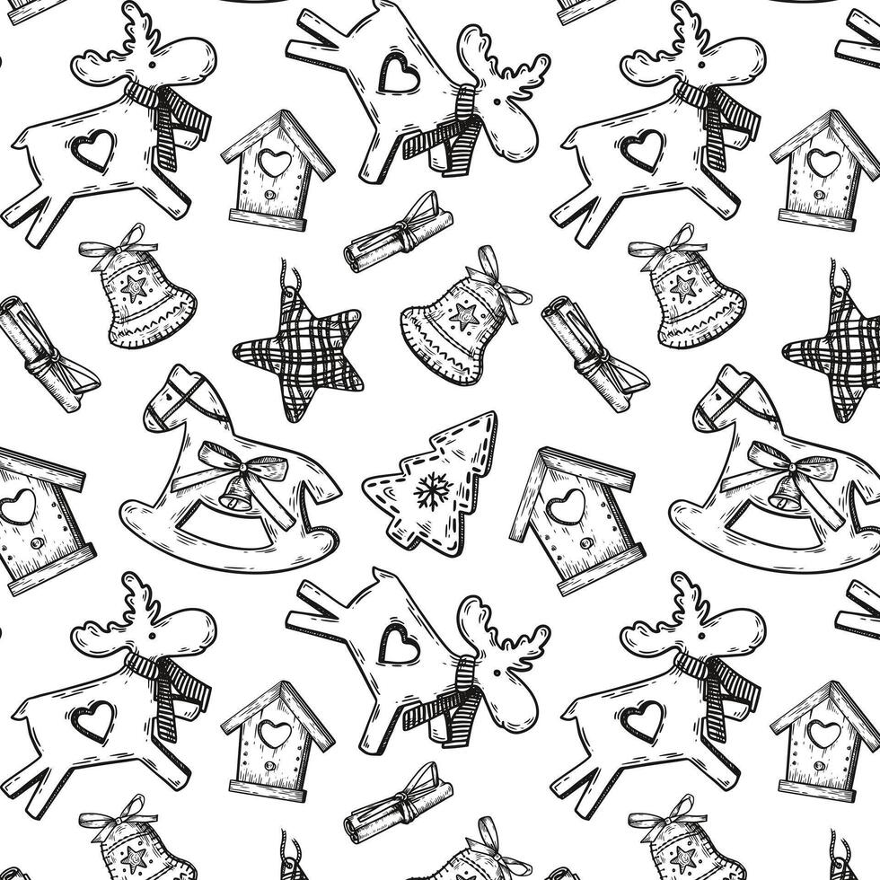 Line art Christmas and New Year pattern with toys. Wrapped Christmas paper vector