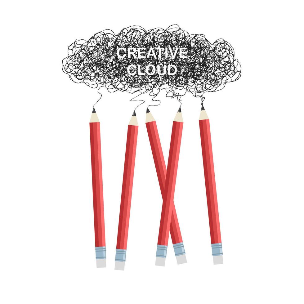 graphite pencils draws sketch with abstract cloud. Red and grey. Hand drawn sketch. Painter tools. School equipment. Concept idea and creative, creation something new. vector