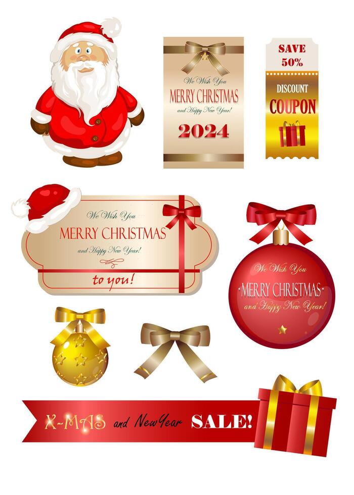 Christmas and New Year set with stickers and coupons. Great elements for your decoration and design. vector