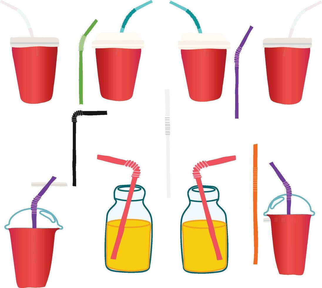 Various types of drinks and straws in different colors vector