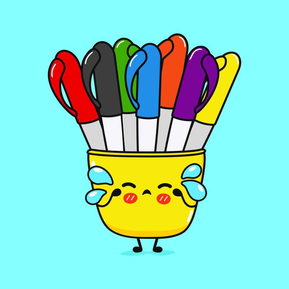 Crying Multi-colored pens character. hand drawn cartoon kawaii character illustration icon. Isolated on blue background. Sad Multi-colored pens character concept vector