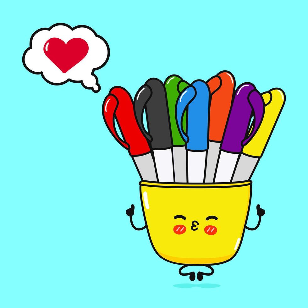 Multi-colored pens doing yoga with speech bubble. hand drawn cartoon kawaii character illustration icon. Isolated on blue background. Multi-colored pens in love character concept vector