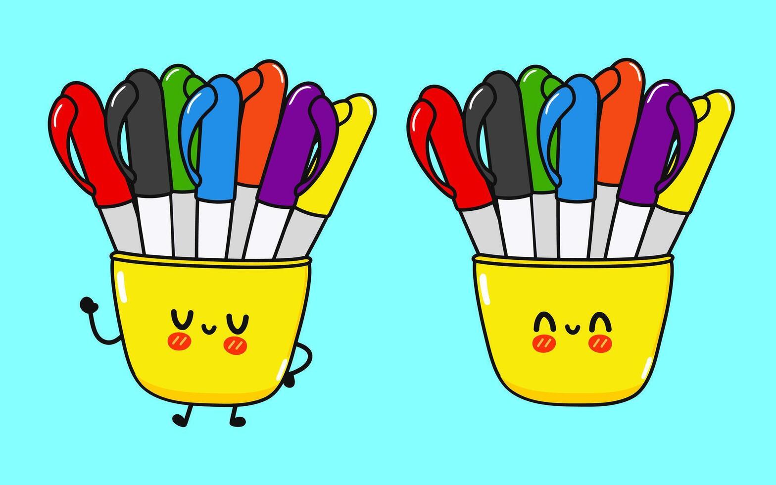 Multi-colored pens character. hand drawn cartoon kawaii character illustration icon. Isolated on blue background. Multi-colored pens character concept vector