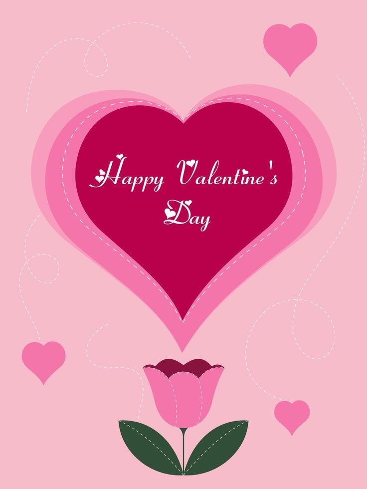 Valentines day greeting card with pink tulips and hearts. vector