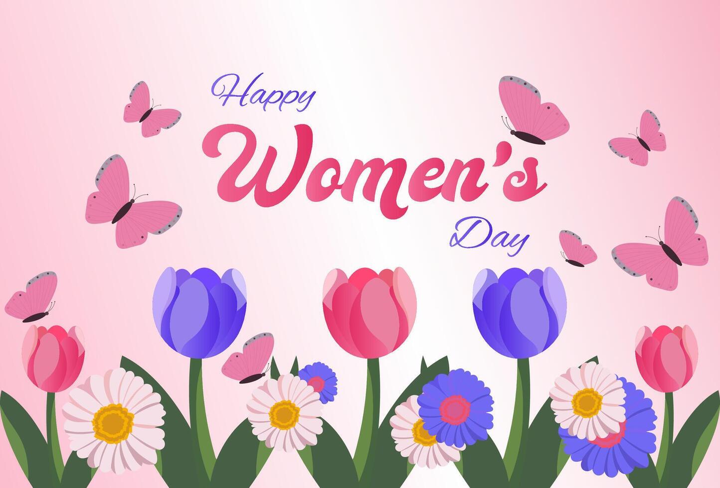 Happy Womens Day banner with tulips and butterflies vector