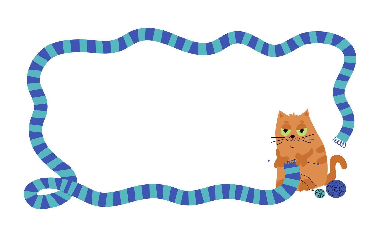 Cat knits a long scarf. Knitting, knitting needles, ball of thread. Skein of yarn. Banner, handmade, hobby. Warm knit scarf, clothes. Place for inscription. White isolated background. vector