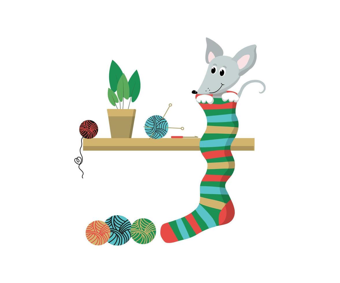 Cute mouse knits big sock. Handicrafts, knitting, hobby. Balls of thread, skeins of wool, threads, knitting needles. House flower in a pot. vector
