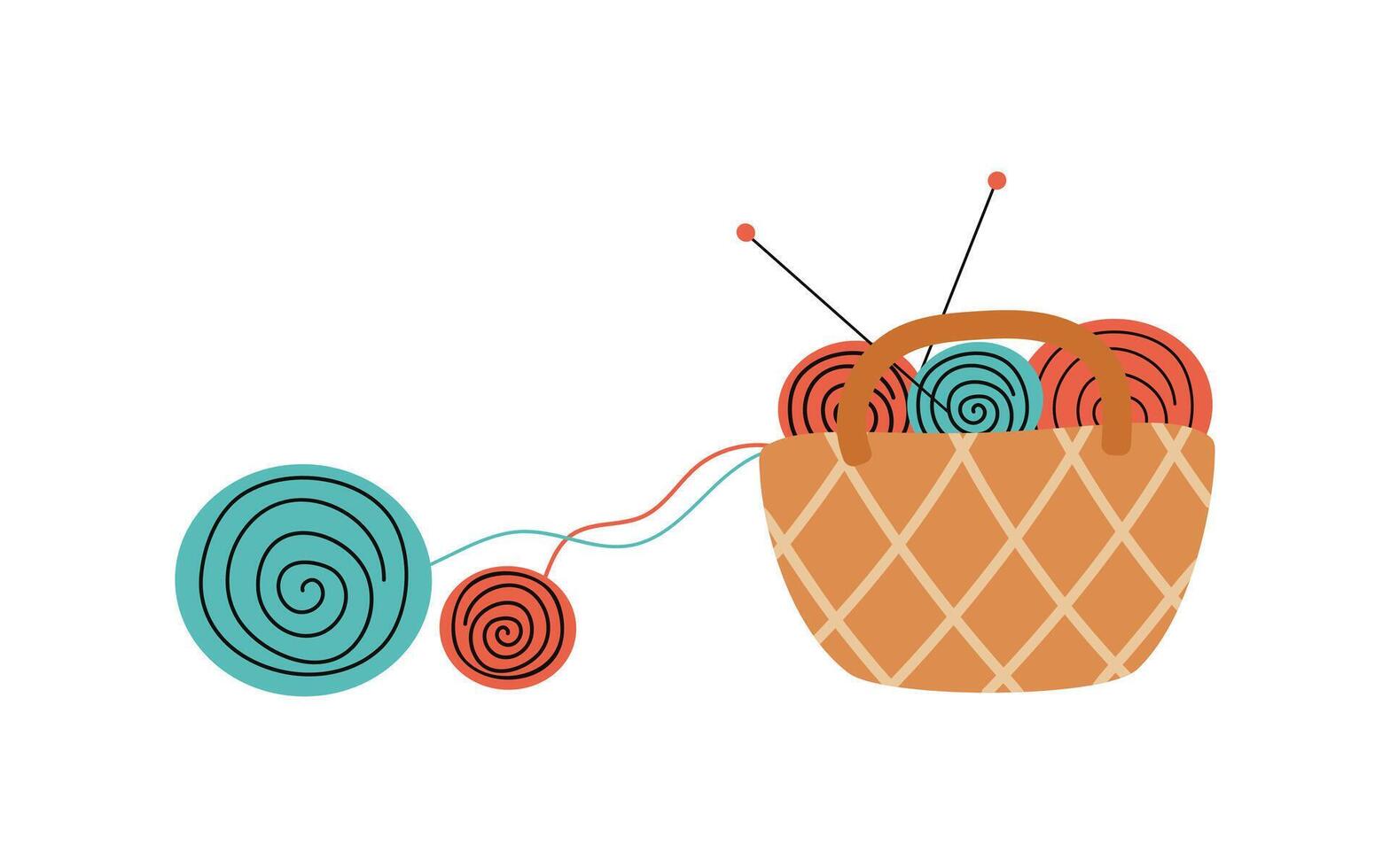 Handmade. Basket for needlework. Balls of thread. Skeins of yarn. Simple illustration, white isolated background. vector