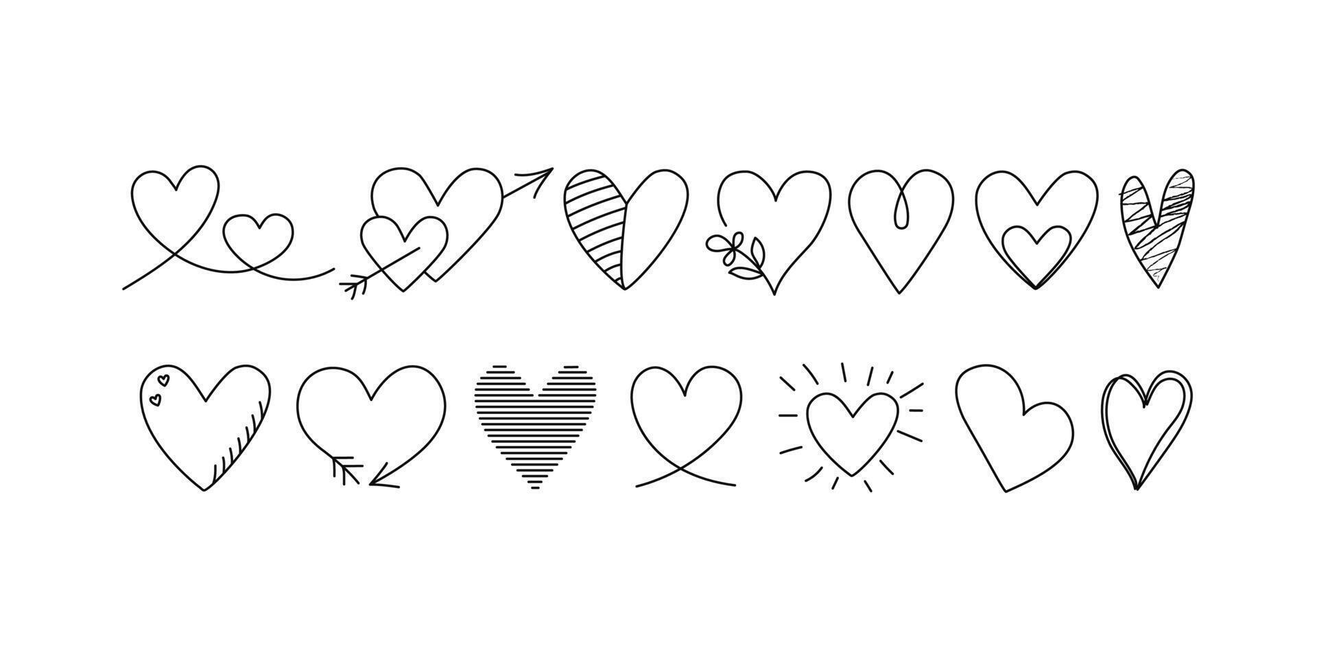 Set of hearts, doodle style. Hand drawn linear icons, Valentine's Day design. Background isolated. vector