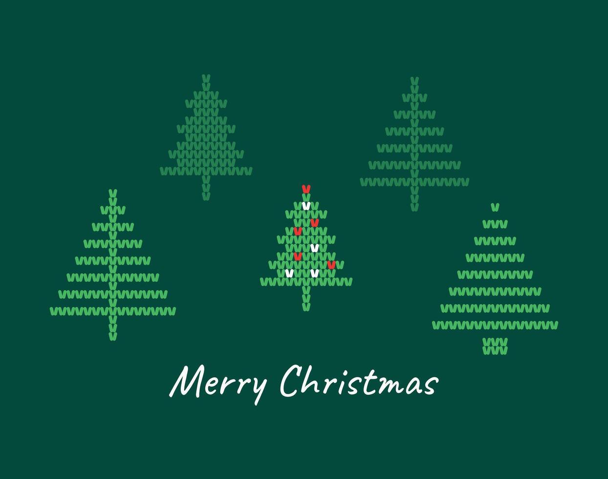 Beautiful Simple Christmas Card With Knitted Pine Forest And Christmas Tree On Dark Green Background. Merry Christmas. illustration vector