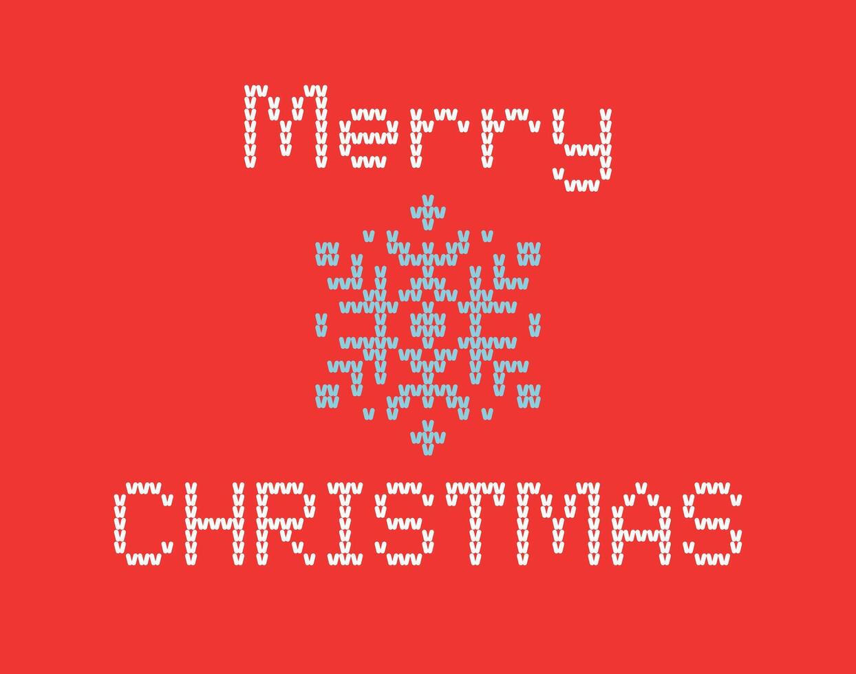 Simple Merry Christmas Greeting Card Flat Style Knitted Embroidery Effect Red Background. Ugly Sweater Design. Embroidery Blue Snowflake In The Middle. illustration vector