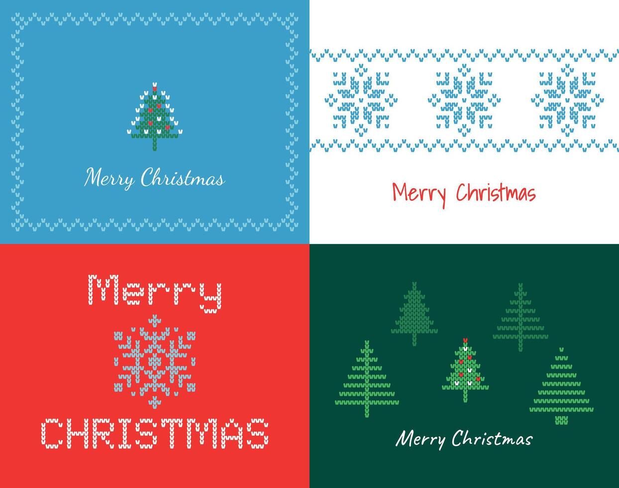Simple Minimalist Greeting Card Set Merry Christmas With Knitted Ornament. Horizontal Orientation. Flat Style. White, Blue, Green, Red Backgrounds. Snowflake, Fir Tree, Christmas Tree. vector