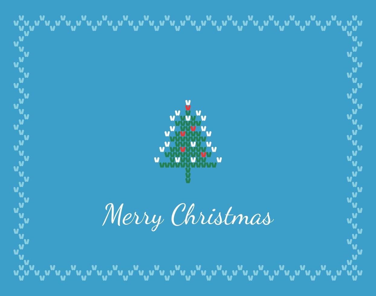 Greeting Knitted Embroidered Card With Christmas Tree And Text Merry Christmas On Blue Background. Simple Traditional Classic Style. illustration vector