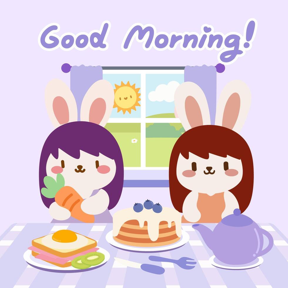 Two cute bunnies sharing a cheerful morning breakfast scene. A kawaii style illustration of two adorable bunny friends enjoying a delightful breakfast with pancakes, tea, and sunny morning vibes. vector
