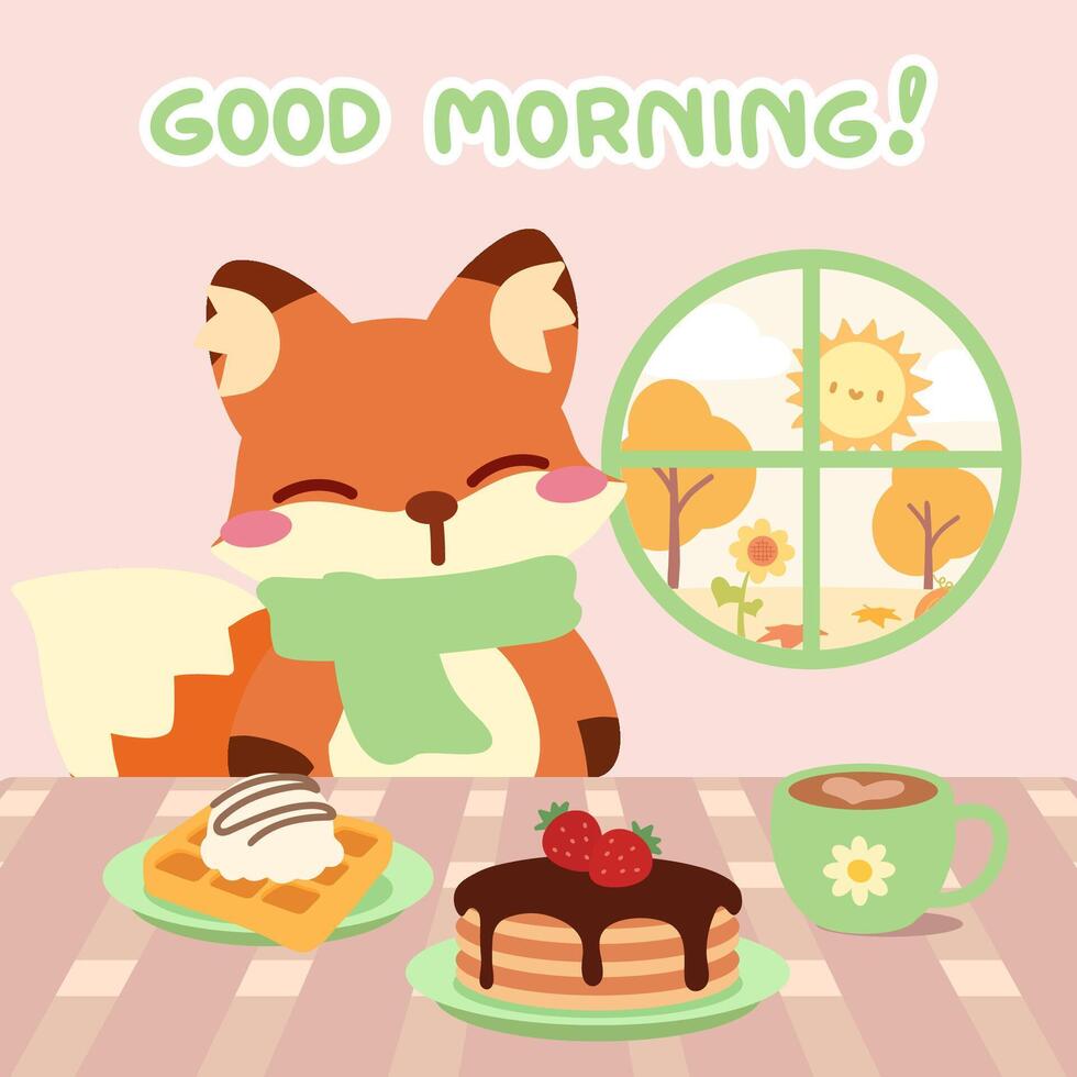 Adorable fox enjoying a breakfast with autumn scenery. Good morning cartoon fox with pancakes and waffles. Kawaii fox breakfast delight with pancakes, coffee, and sunshine. vector