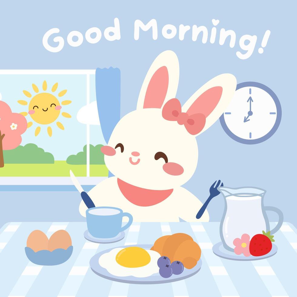 Cute bunny enjoying breakfast in a sunny morning scene. An adorable bunny illustration enjoying a delicious breakfast on a sunny morning, featuring kawaii art style and vibrant pastel colors. vector
