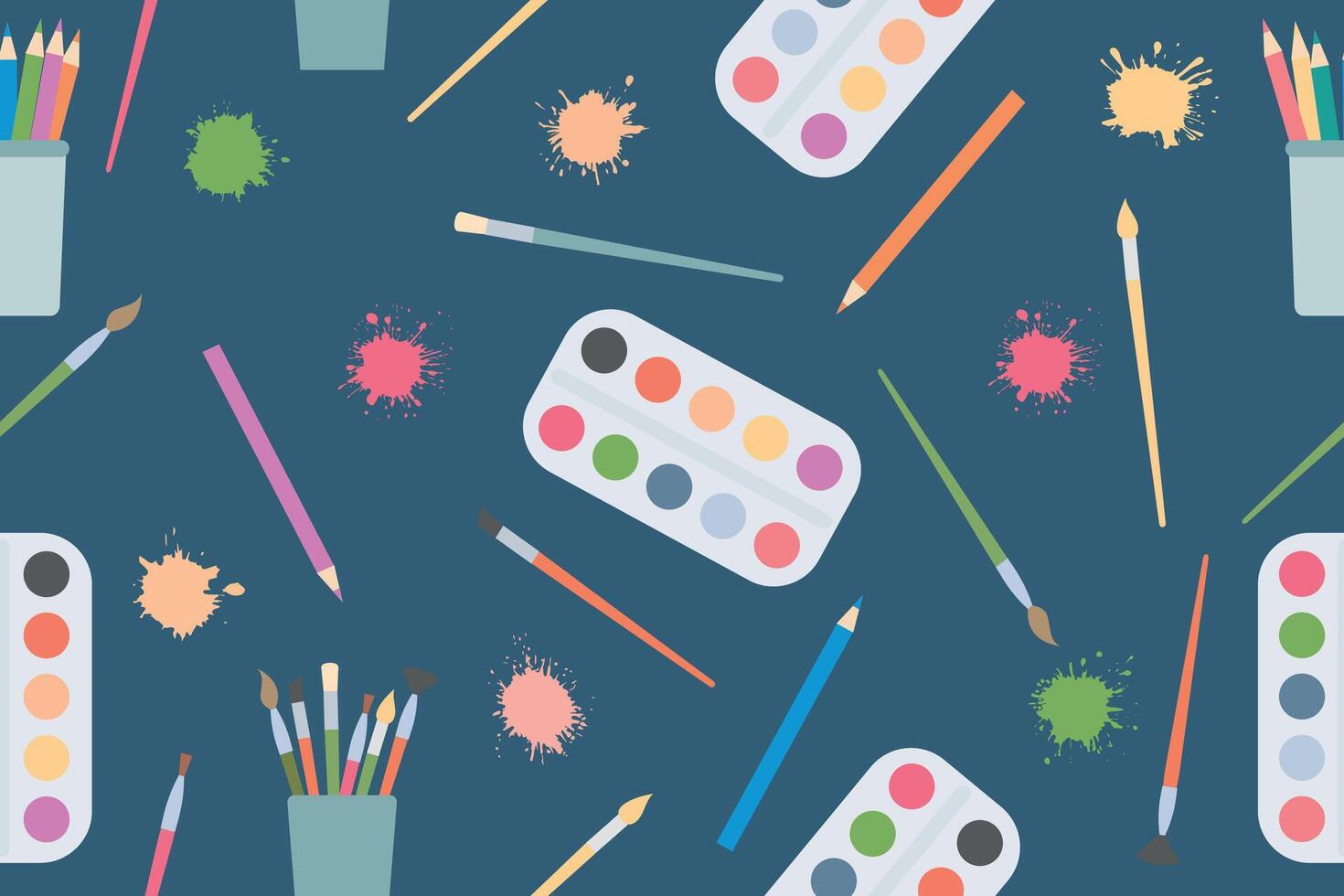 Seamless pattern of art supplies and colorful blots. Colorful print for international artist day, school supplies, Back to school, art school theme. . illustration vector
