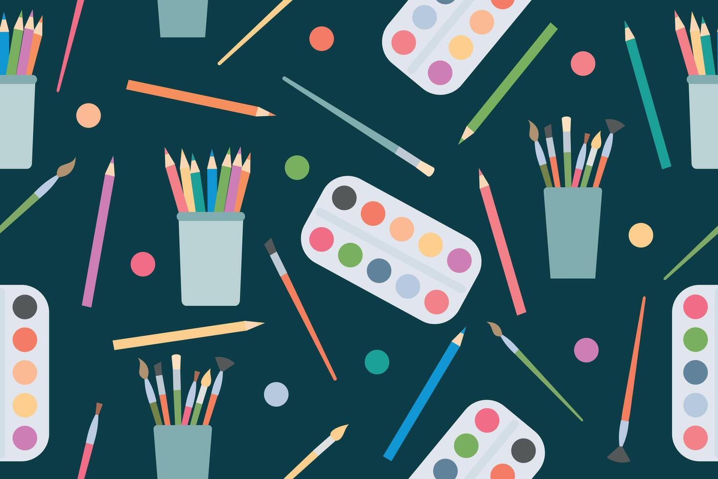 Seamless pattern of art supplies. Colorful print for international artist day, school supplies, vector