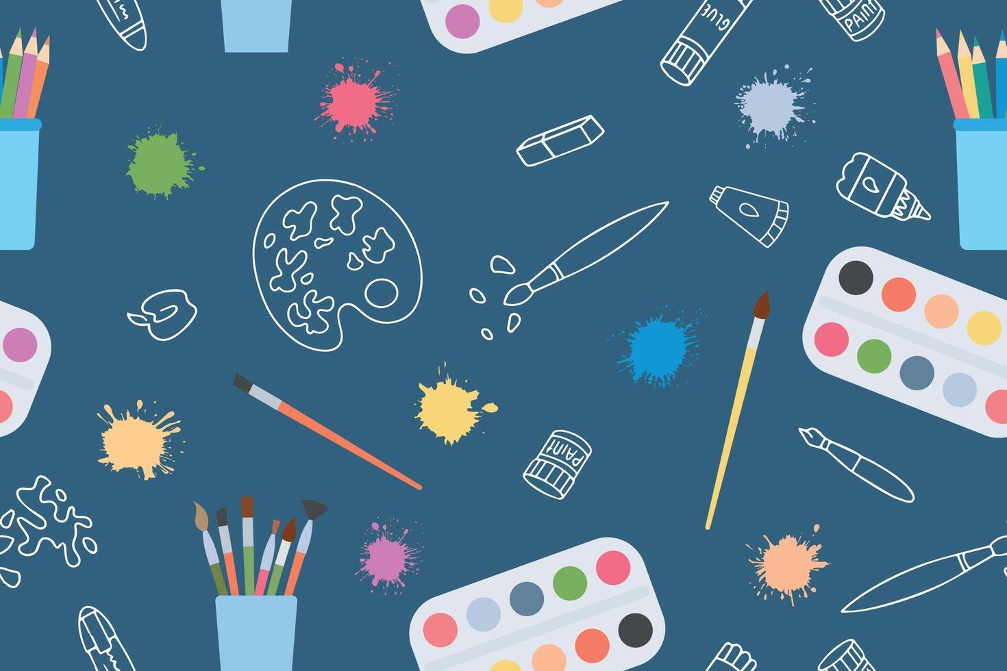 Seamless pattern of art supplies and colorful spots. Colorful print for international artist day, school supplies, Back to school, art school theme. Flat style and doodle. illustration vector
