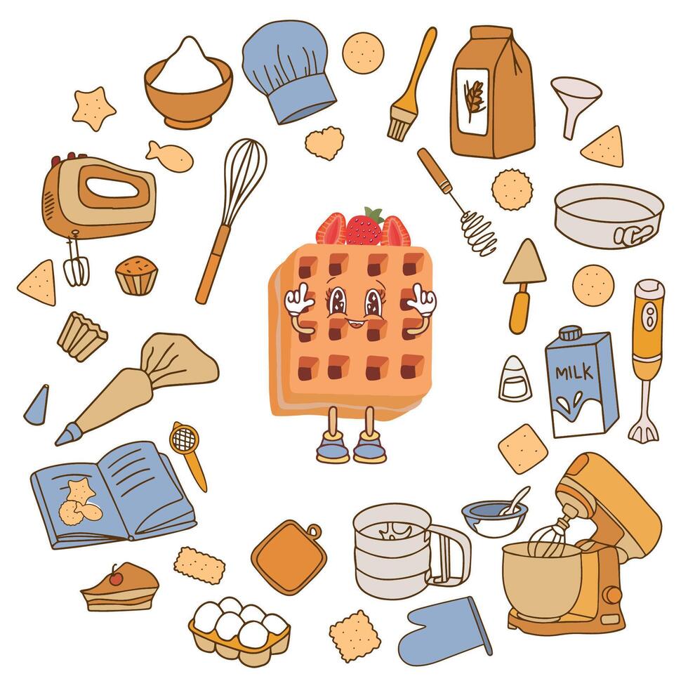 Hand drawn sketches of icons on the culinary theme - kitchen utensils, baking. Fashionable banner for menu design, recipe books and packaging. vector