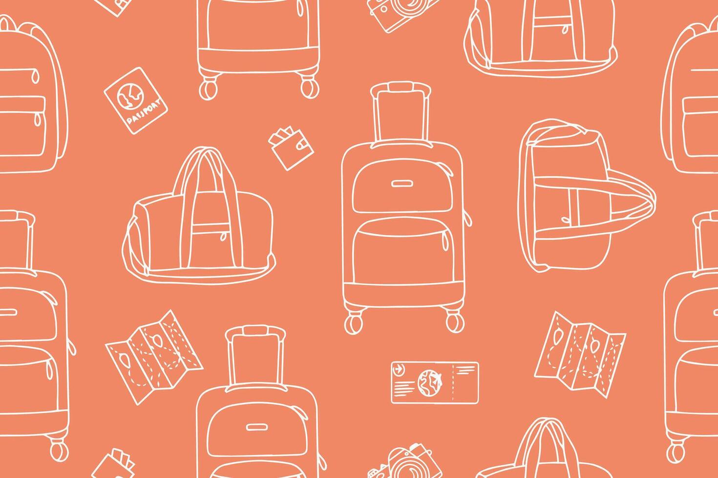 Seamless pattern of linear icons of accessories for leisure and travel. Suitcase, travel bag, backpack, passport, ticket, map, camera in doodle style. vector