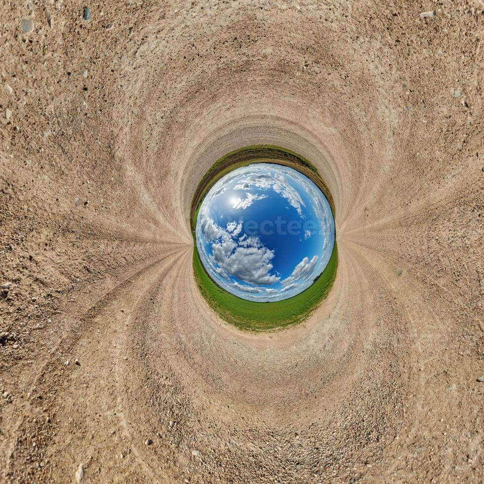 blue hole sphere or globe little planet inside green dry grass or stone with sand frame background photo