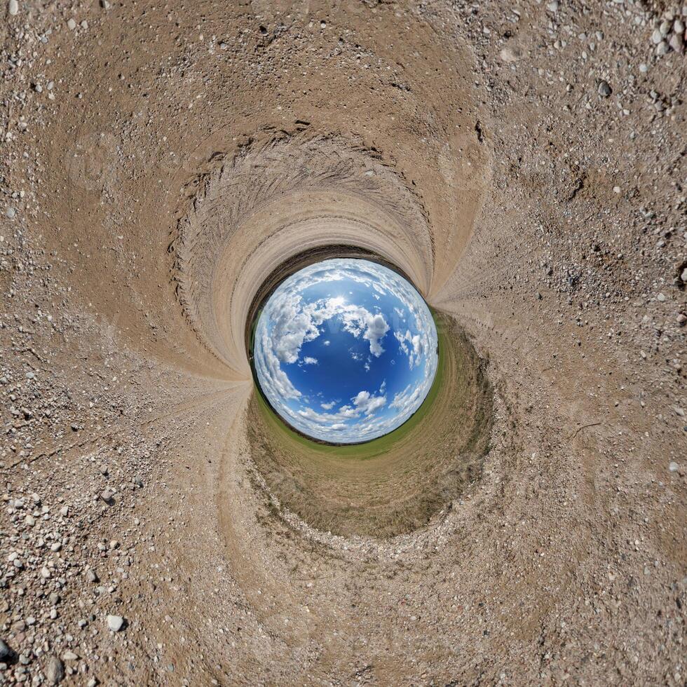 blue hole sphere or globe little planet inside green dry grass or stone with sand frame background photo