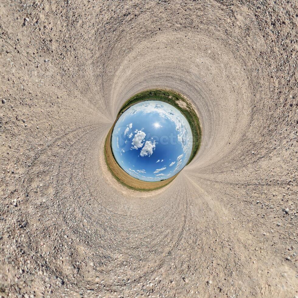 blue hole sphere or globe little planet inside green dry grass or stone with sand frame background photo
