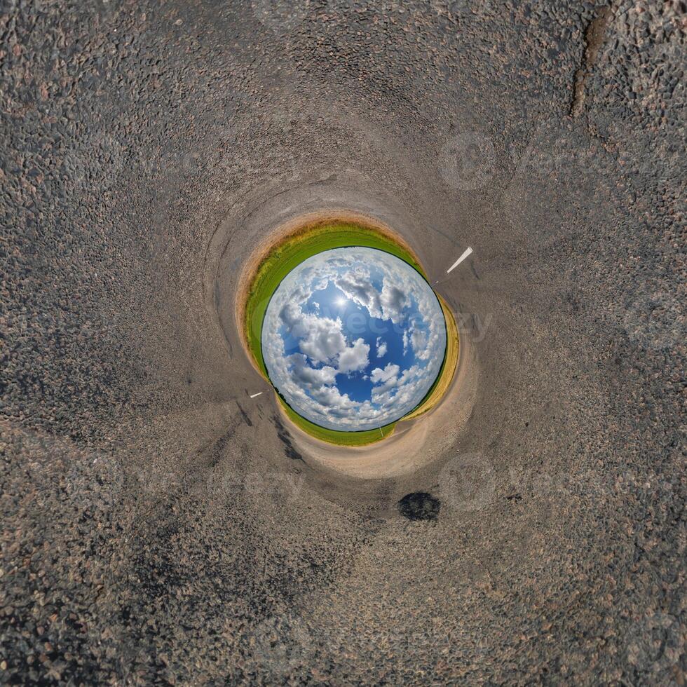 blue hole sphere or globe little planet inside green dry grass or stone with sand frame background photo