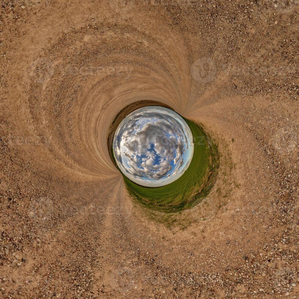blue hole sphere or globe little planet inside green dry grass or stone with sand frame background photo