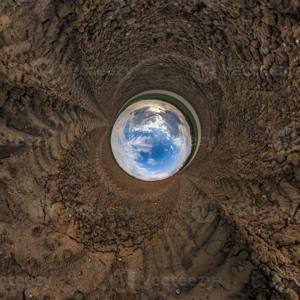 blue hole sphere or globe little planet inside green dry grass or stone with sand frame background photo