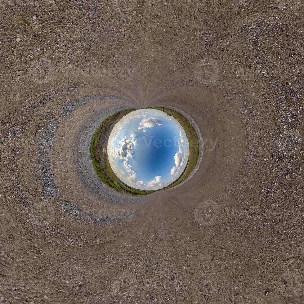 blue hole sphere or globe little planet inside green dry grass or stone with sand frame background photo