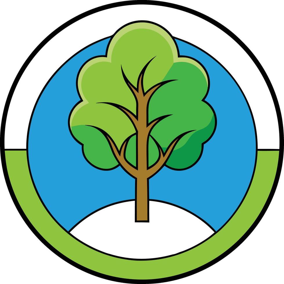 A green tree in a circle with a blue sky vector