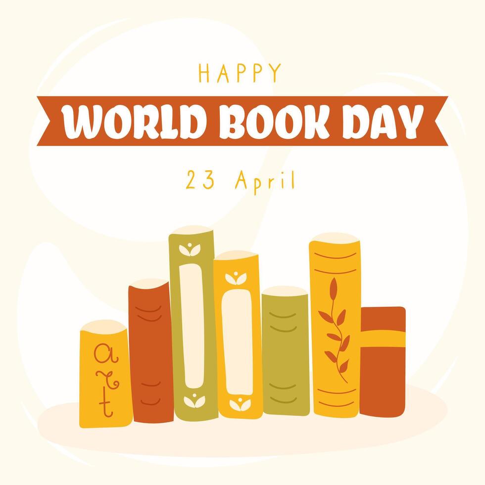 World Book Day on April 23 card with cute row of books. Hand drawn flat cartoon style. Perfect for social media cover, square greeting card, banner, poster, flyer and so on vector