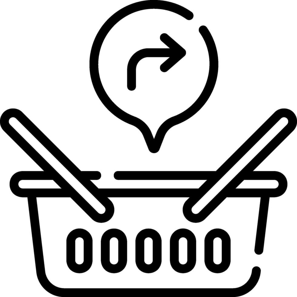 A black and white illustration of a shopping basket with a arrow pointing to it vector