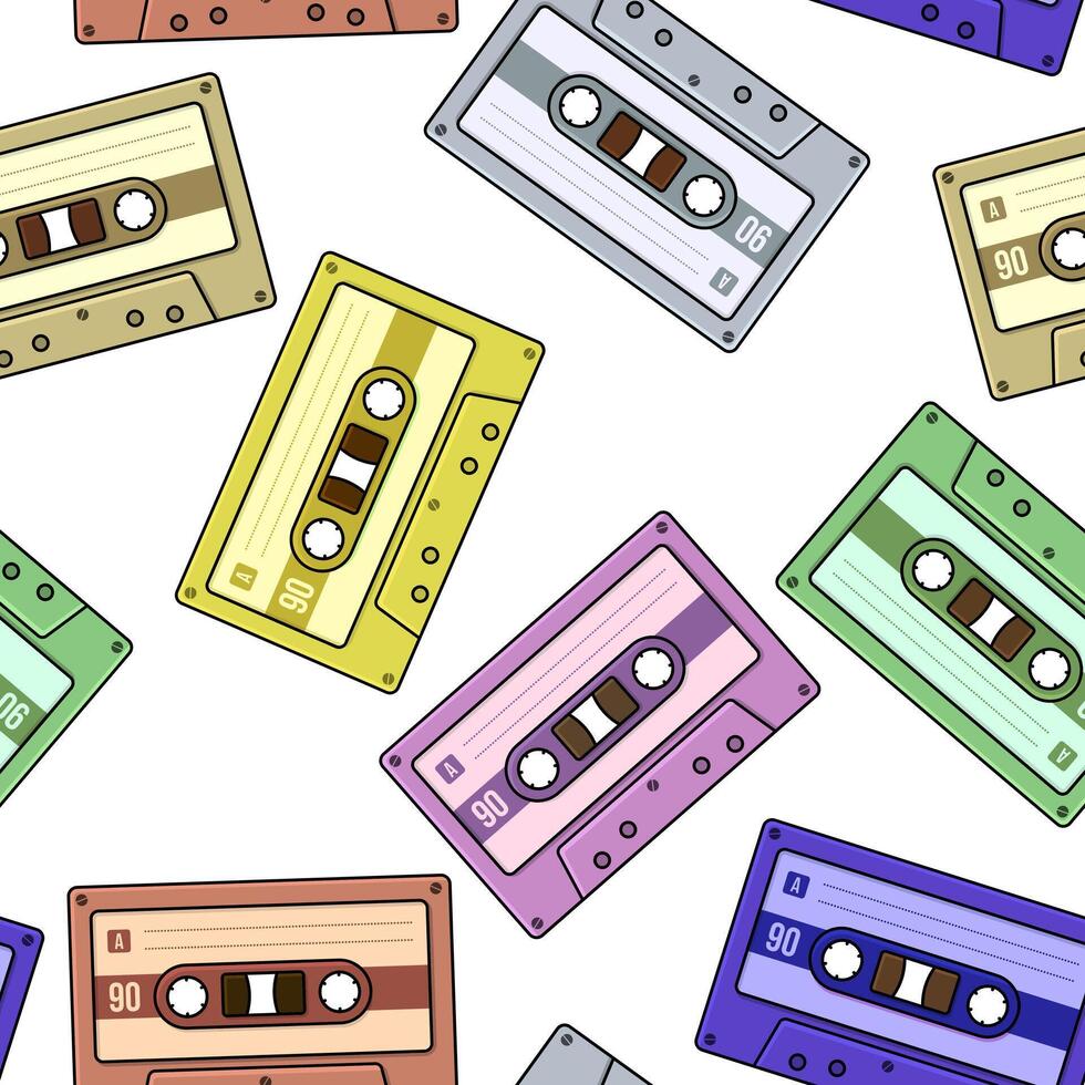 Cassette tape collection in retro vibes seamless pattern background vector