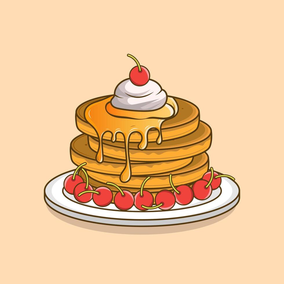 Mouthwatering Fluffy Pancakes with Cherries and Syrup vector